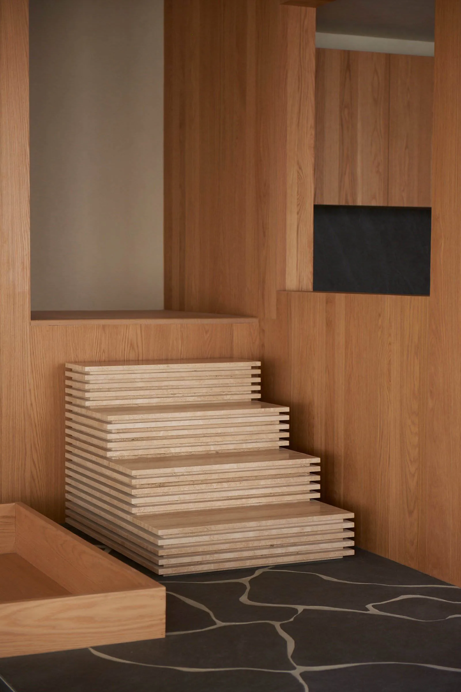 Modern staircase made of wood in a minimalist interior design setting