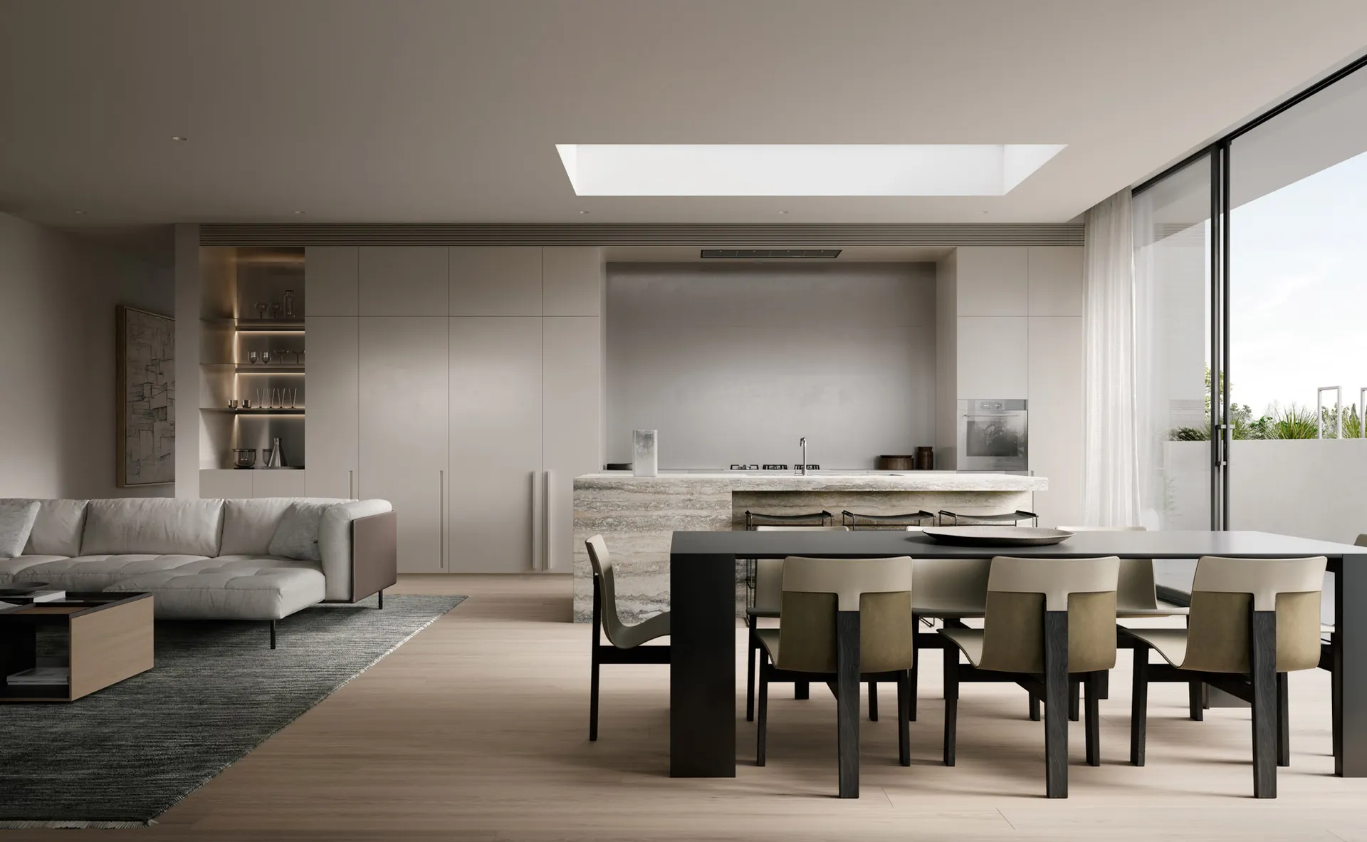 A modern kitchen with a concrete island and minimalist design.