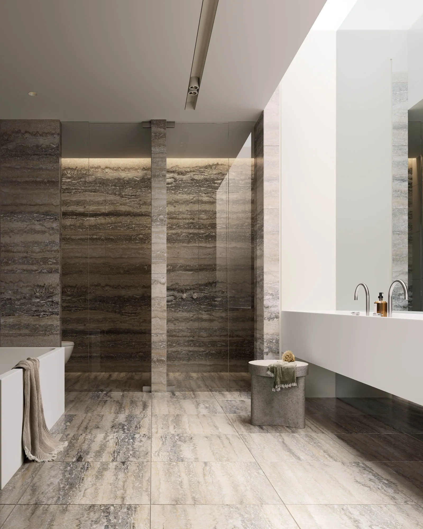 Modern bathroom with marble flooring and walls, featuring a large soaking tub and minimalist design.