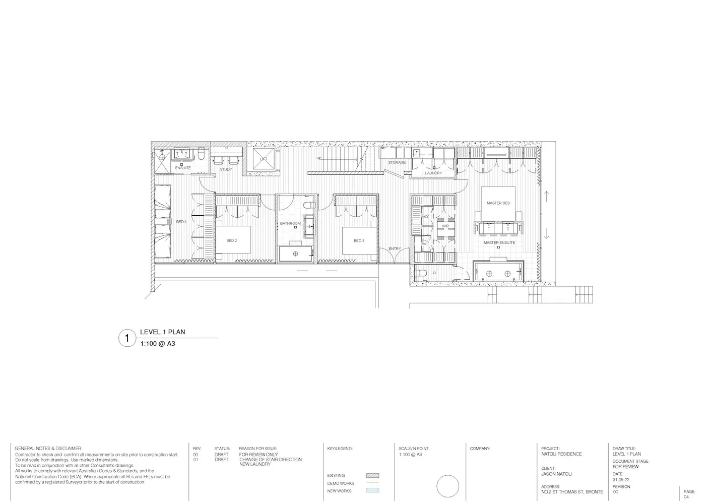 Floor plan of Natoli Residence showing layout of first level with bedrooms, bathrooms, and utility areas.