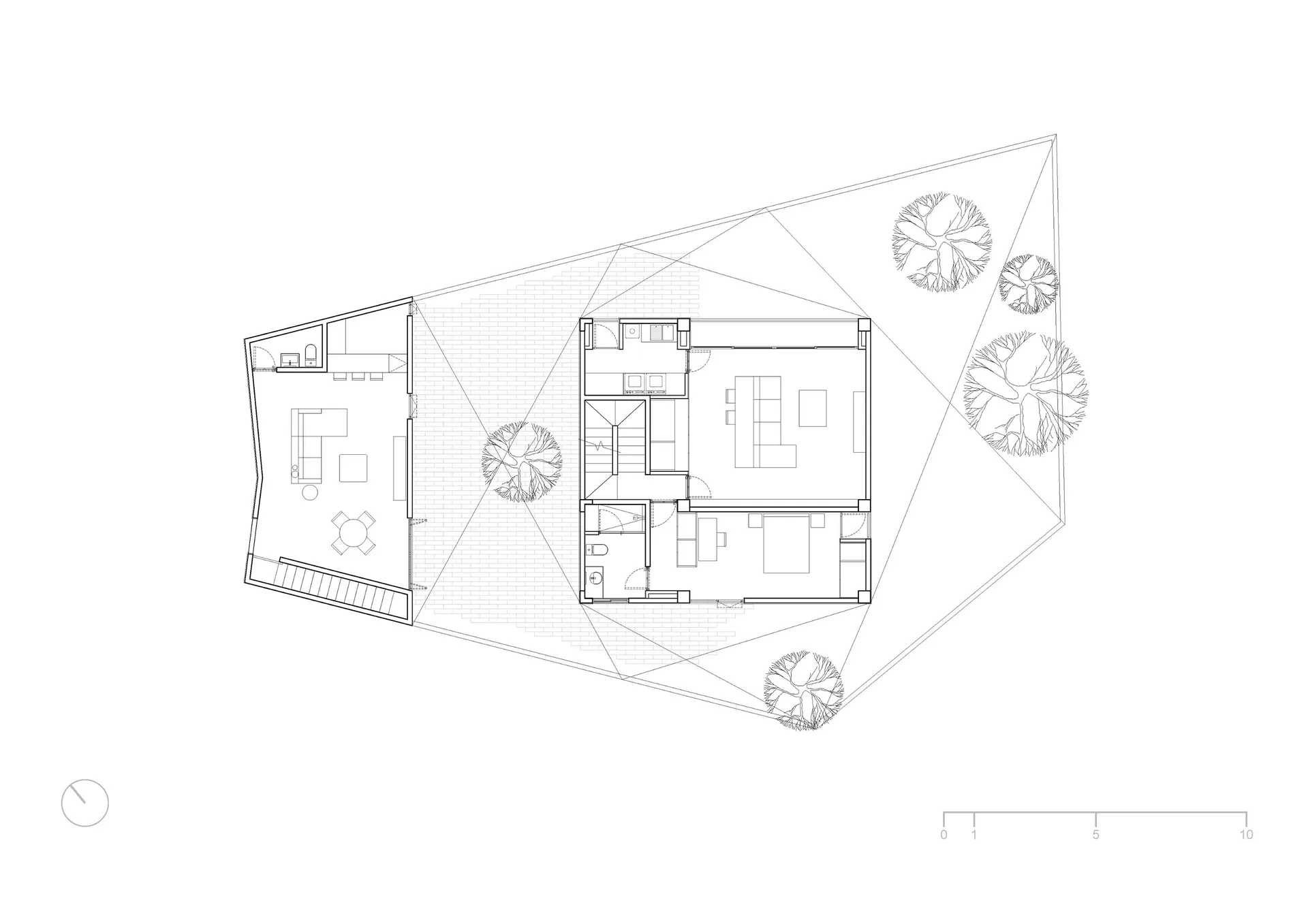 現代住宅建築雙層平面圖，包含各房間與外部空間。