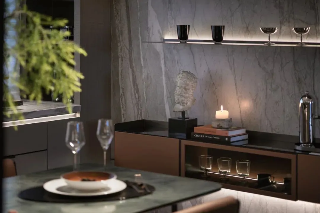 A modern living room with wooden furniture, marble walls, and glass shelves.