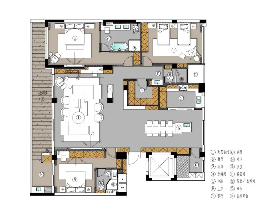 Modern living room with neutral color palette featuring a central open area with a sofa and chairs.