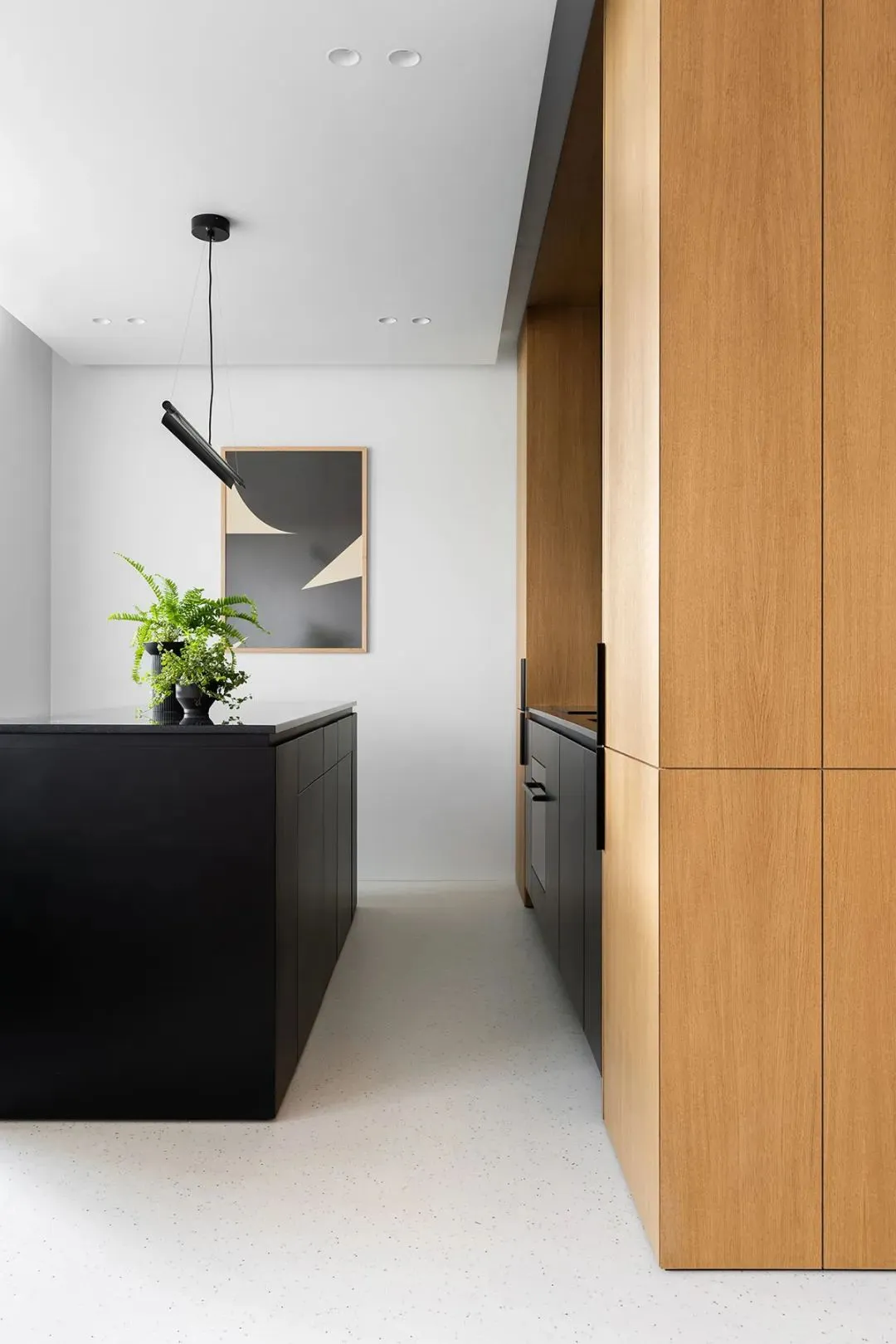 A modern minimalist kitchen featuring a black kitchen island with a potted plant and a wooden cabinet with a geometric abstra