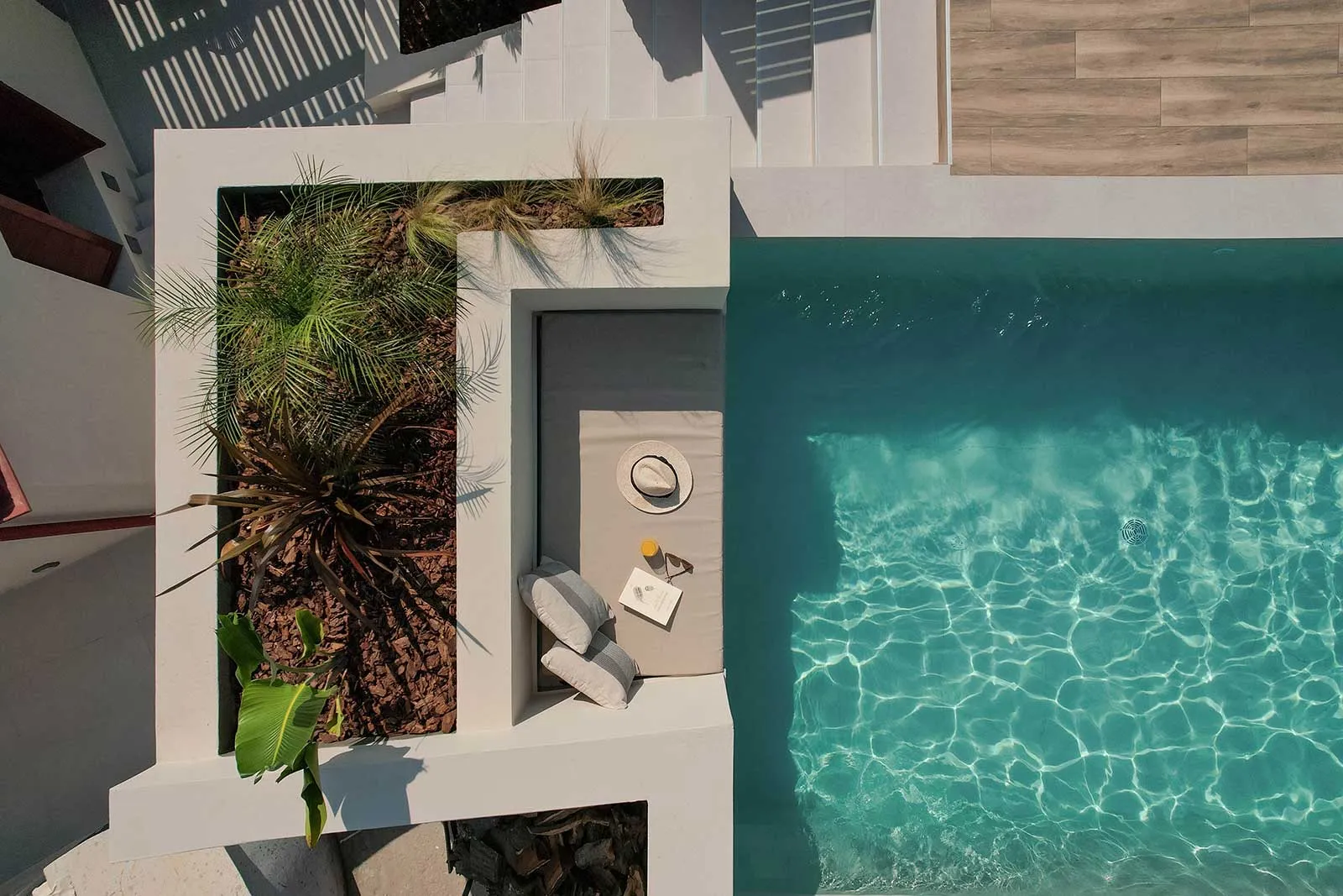 Sunlit poolside concrete lounging area with green plants, cushions, and a book on a bench