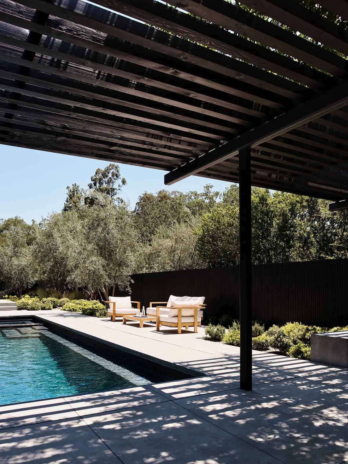 Outdoor patio with minimalist design, featuring wood pergola, concrete flooring, and lush green foliage.