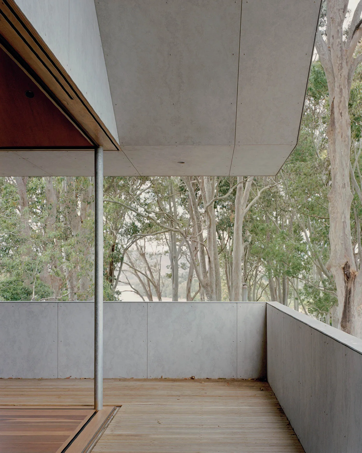 Modern residential architecture featuring concrete walls and wooden flooring.