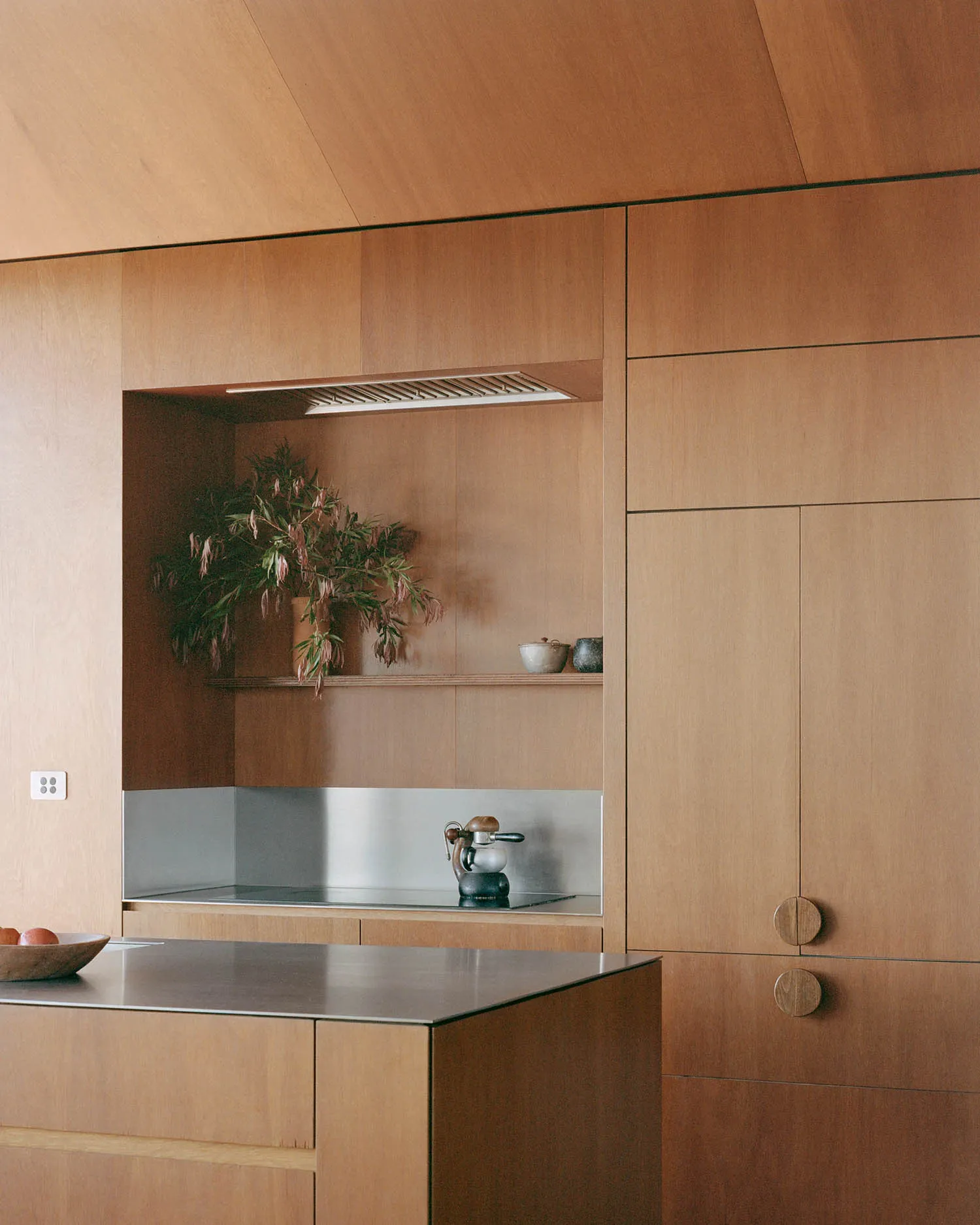 Modern minimalist kitchen with wooden cabinets and stainless steel appliances, featuring a plant and a kettle on the counter.
