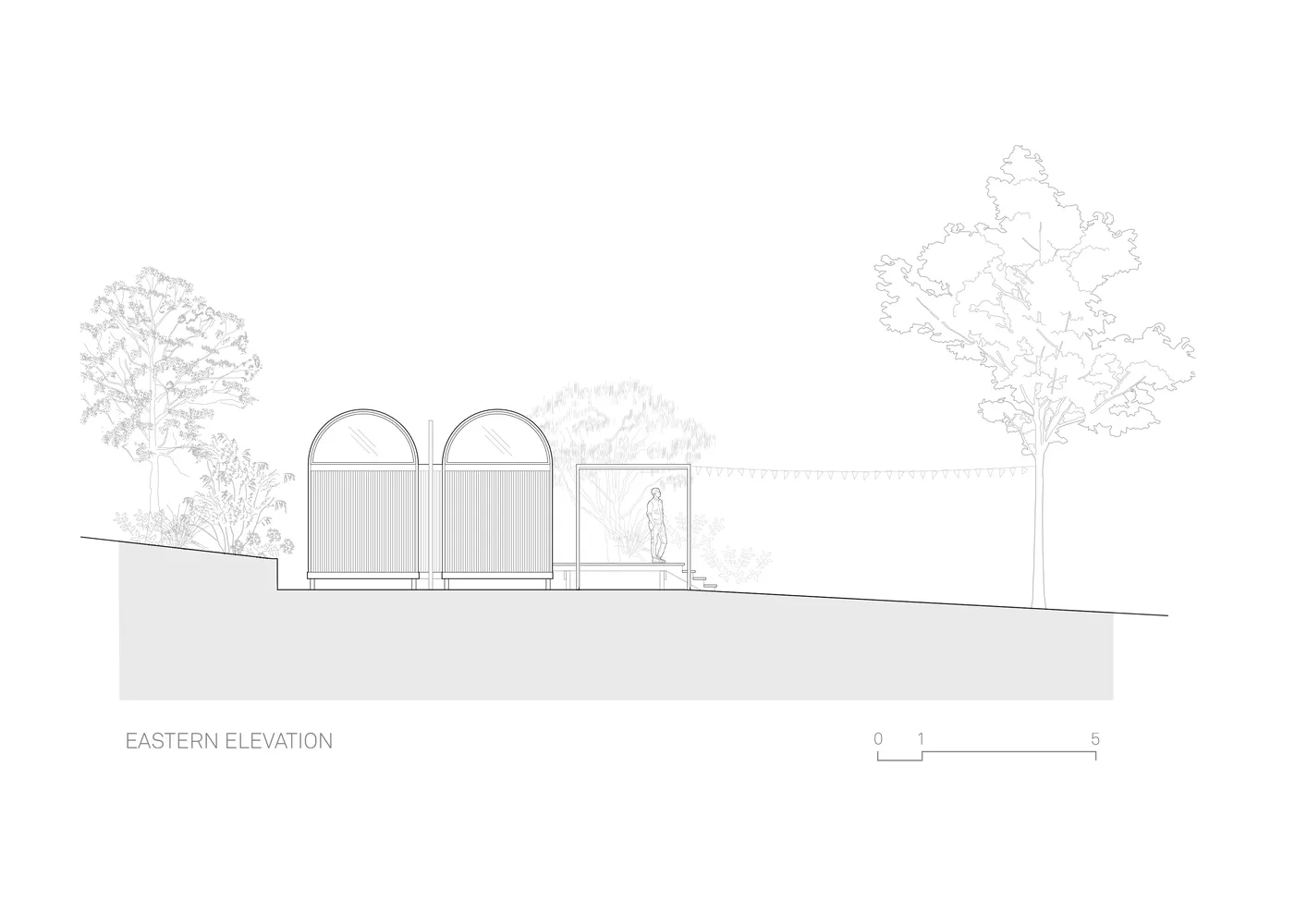 3D architectural rendering of a glass and metal cabin exterior on a sloped landscape