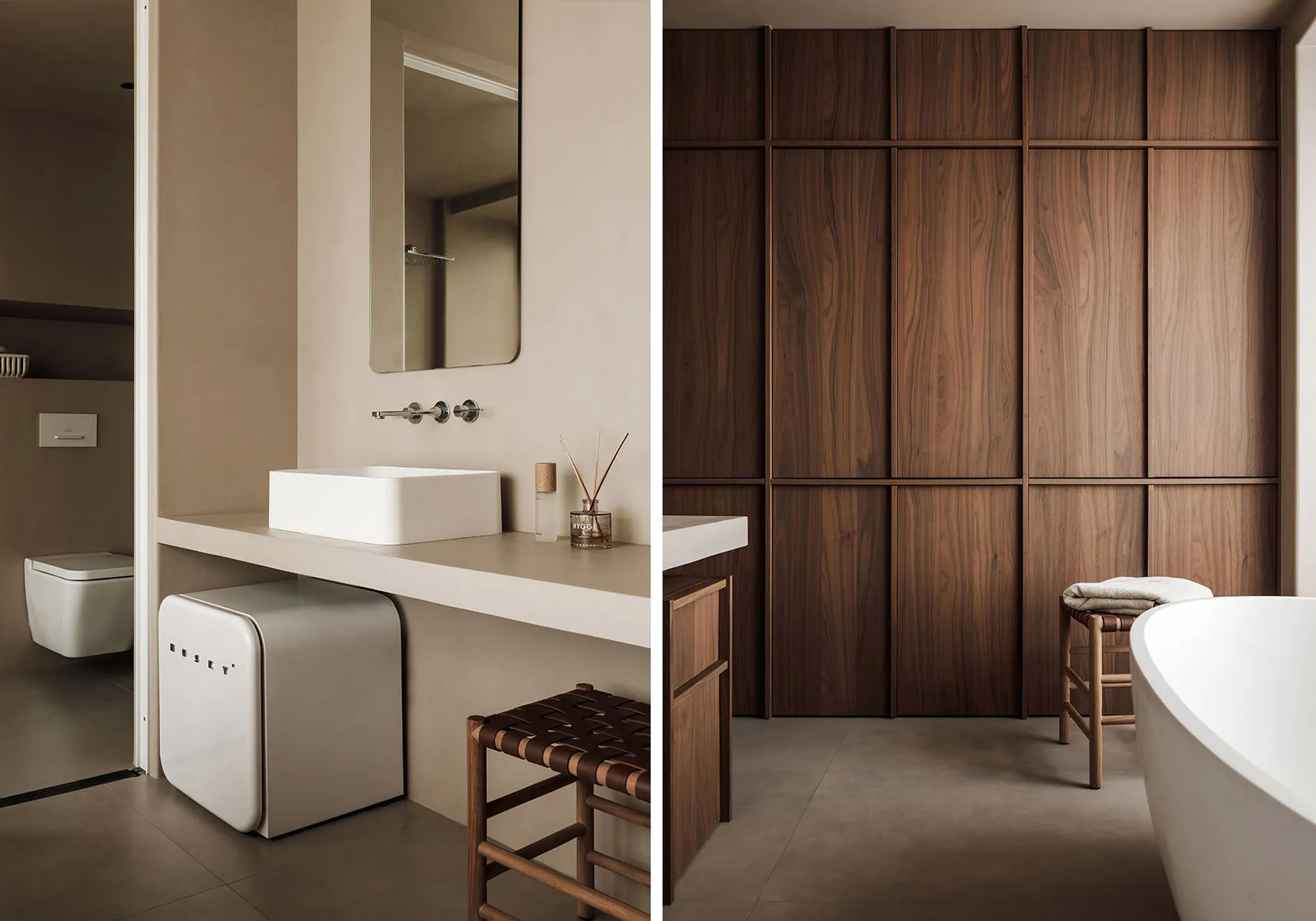 A modern bathroom featuring wood-paneled storage and a minimalist sink area.