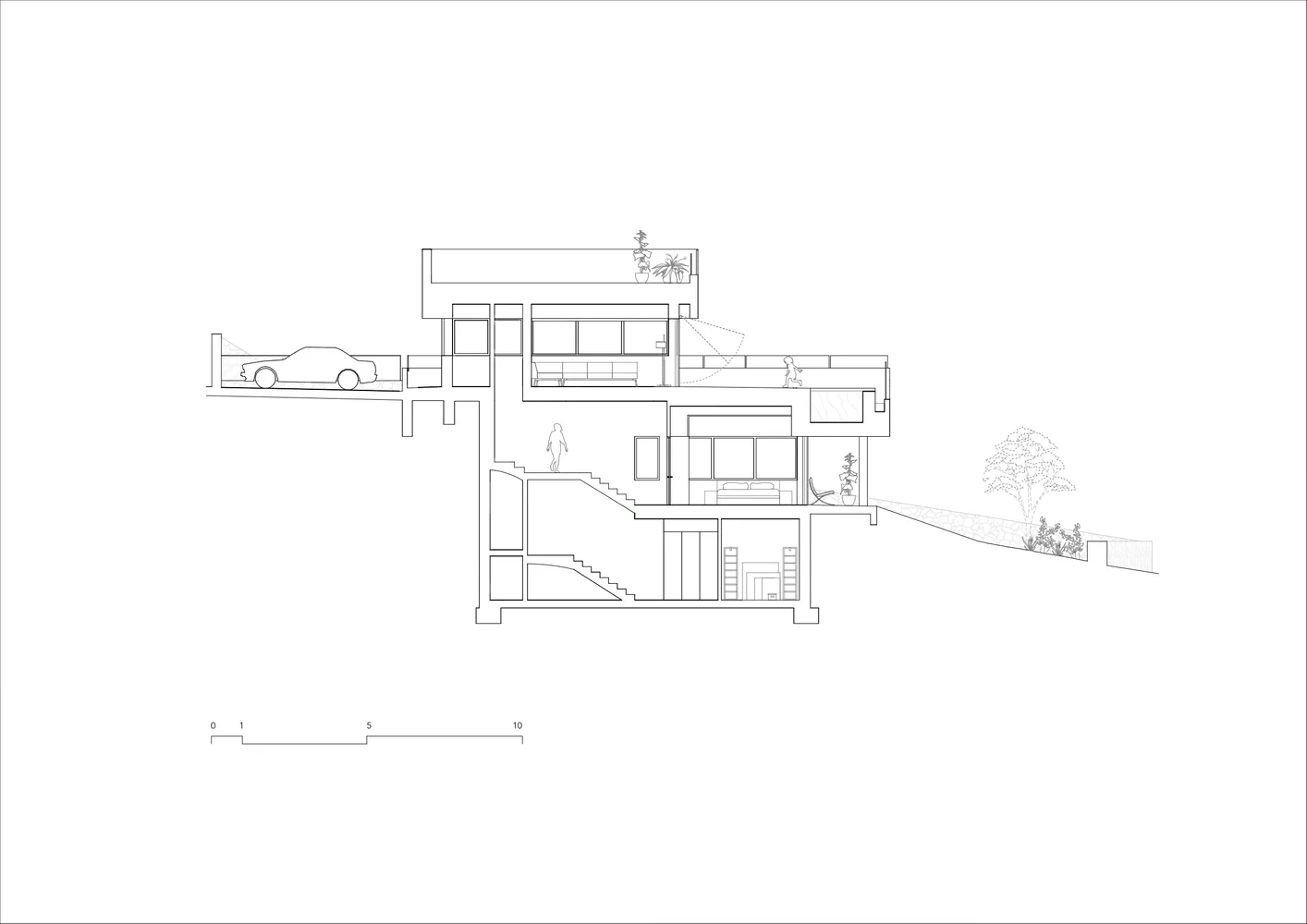 2D architectural drawing of a modern house showing various rooms and outdoor areas.