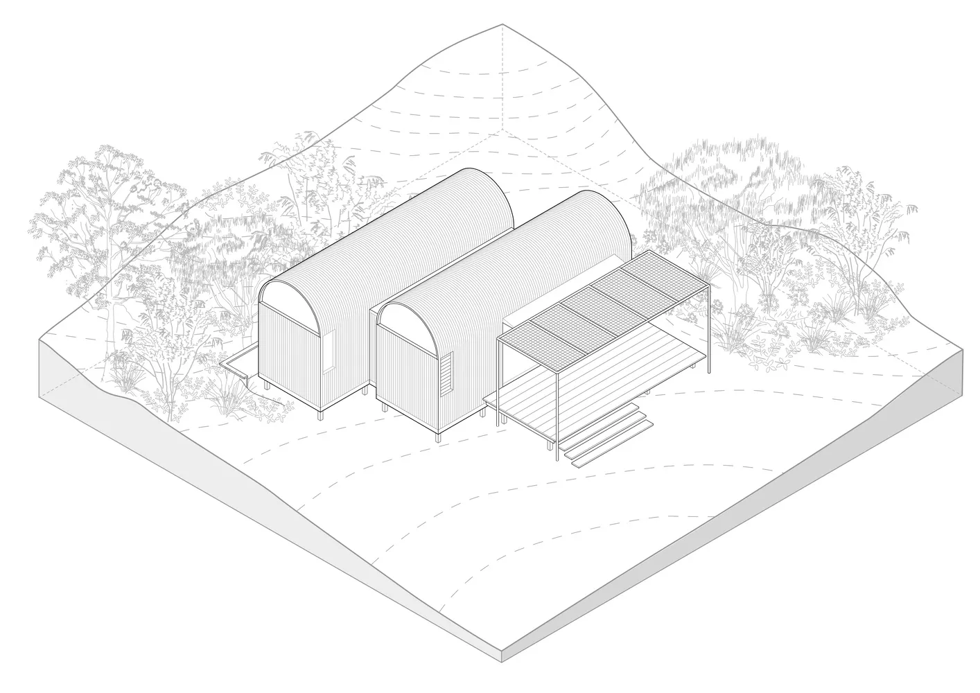 Isometric drawing of a residential shed with a metal roof and a verandah area.