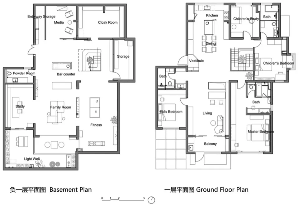 Blueprint of a modern house showing the ground floor and basement plans.
