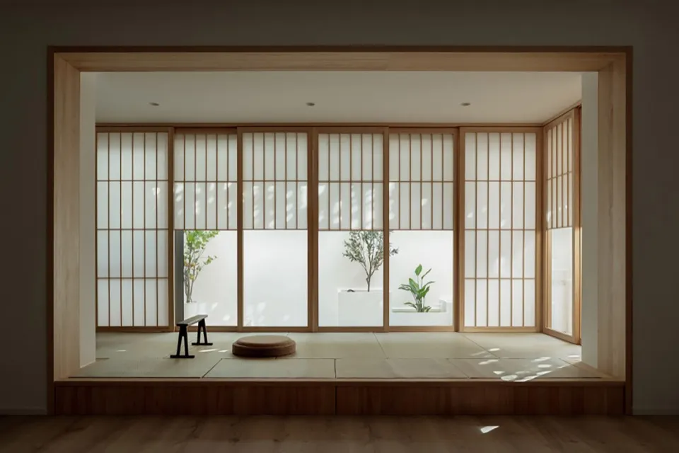 A modern interior with sliding wooden doors, plants, and a tatami mat.