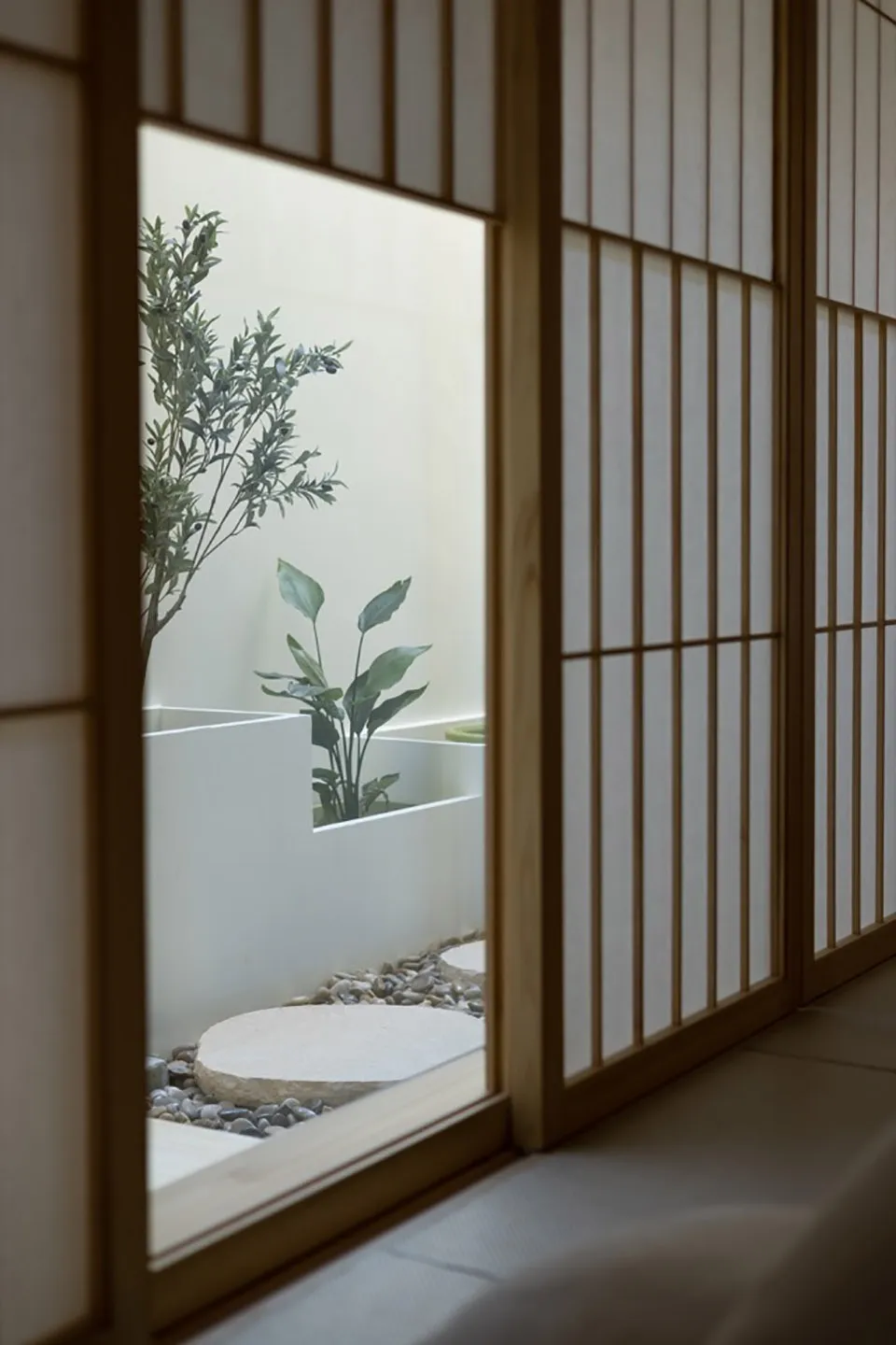 A serene indoor garden enclosed by wooden panels featuring a minimalist design with rock and plant elements.