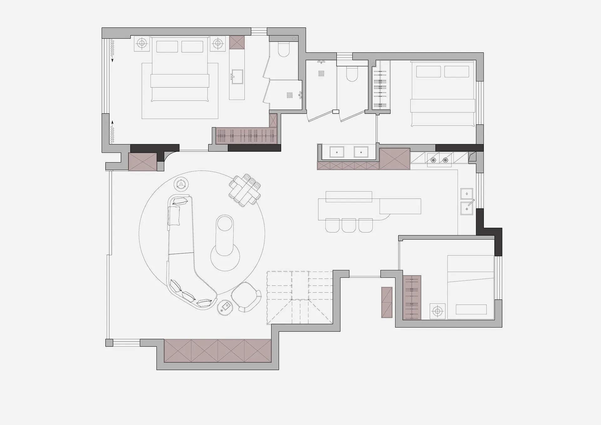 Modern minimalist residential floor plan with open layout, neutral color palette, and sleek design elements.