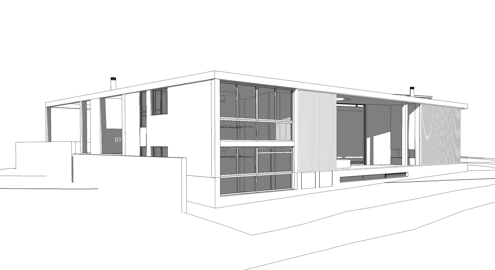 現代建築的3D渲染圖,搭配混凝土牆面與玻璃窗