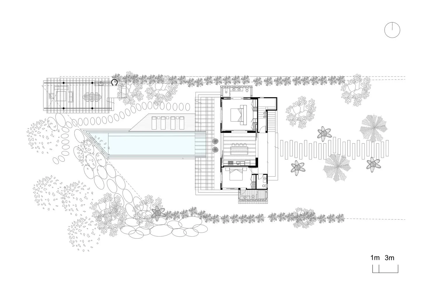 A black-and-white architectural floor plan depicting a modern house with a swimming pool and patio area.