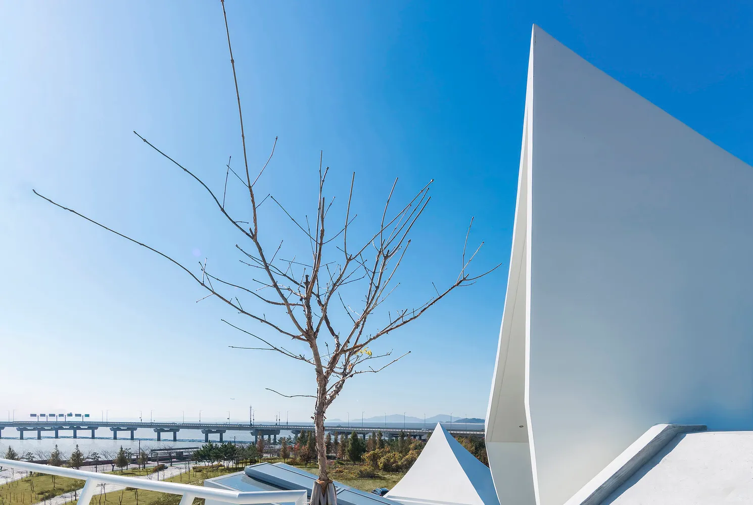 現代建築採用金屬與玻璃材質。