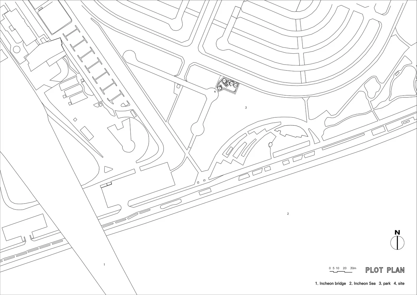 Line drawing of a site layout plan with various labeled sections and a compass rose indicating orientation.