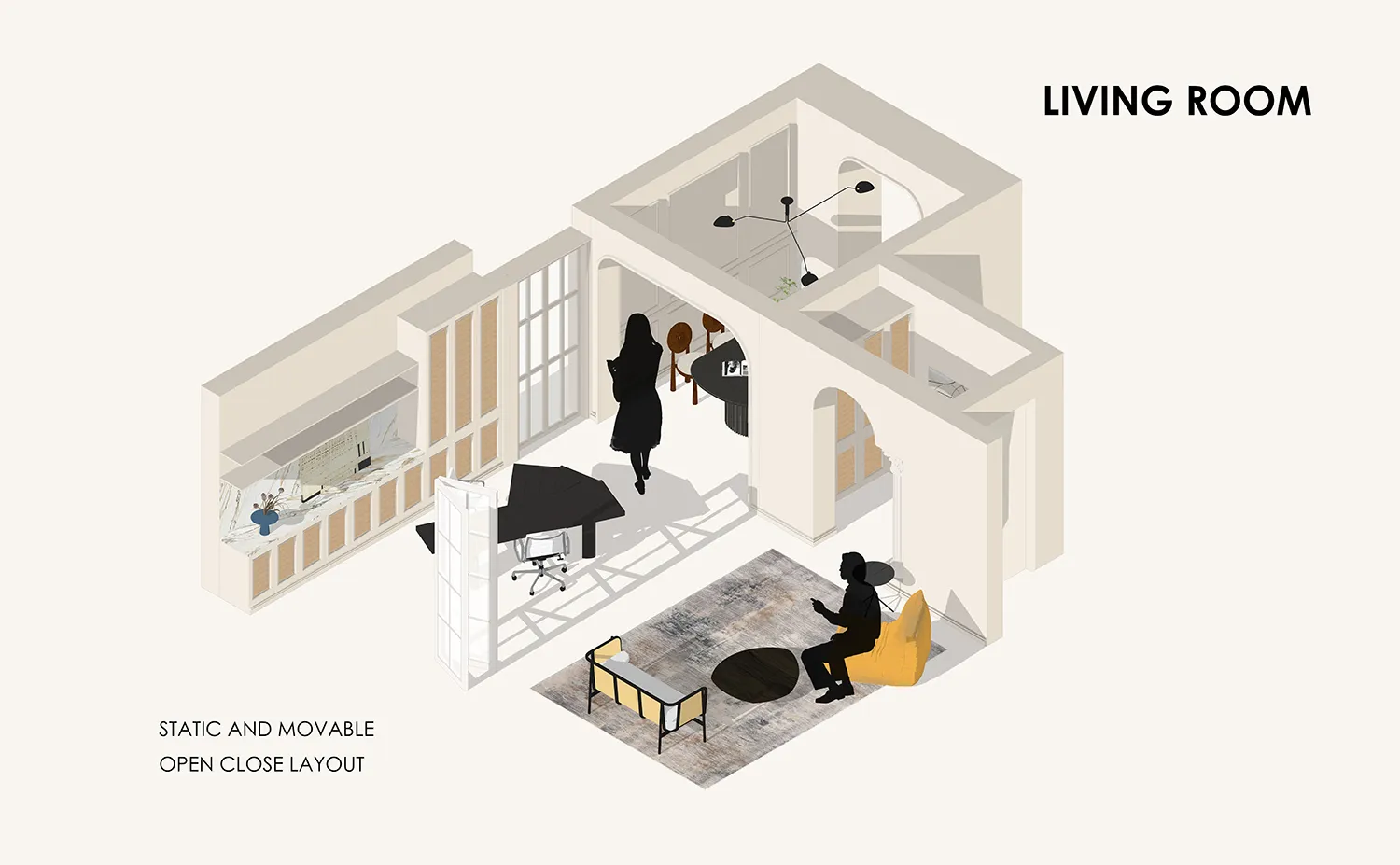 A modern living room with minimalist furniture, a large window, and a comfortable seating area.
