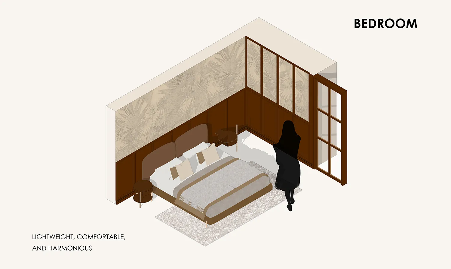 A bedroom with a modern design featuring a brown textured wall, wooden furniture, and glass windows.