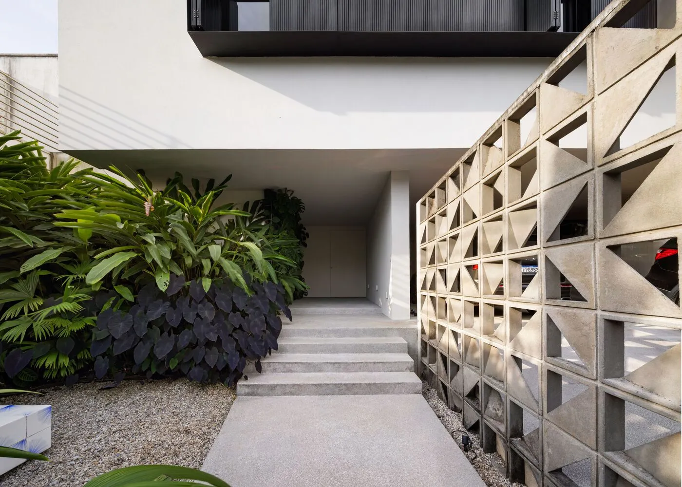 Modern entrance with concrete pathway and plants on either side.