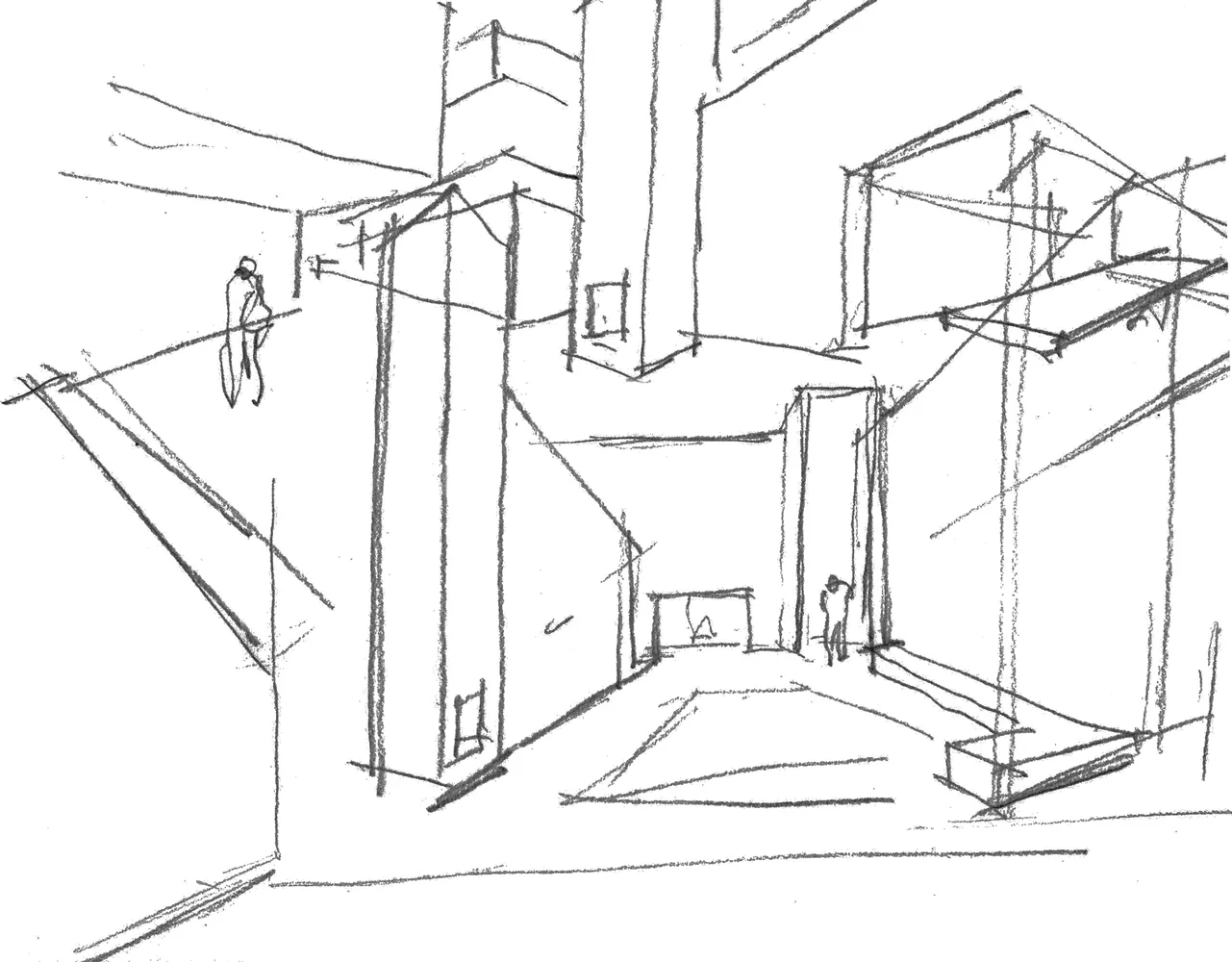 工業工作空間素描,展示混凝土牆面與鋼樑