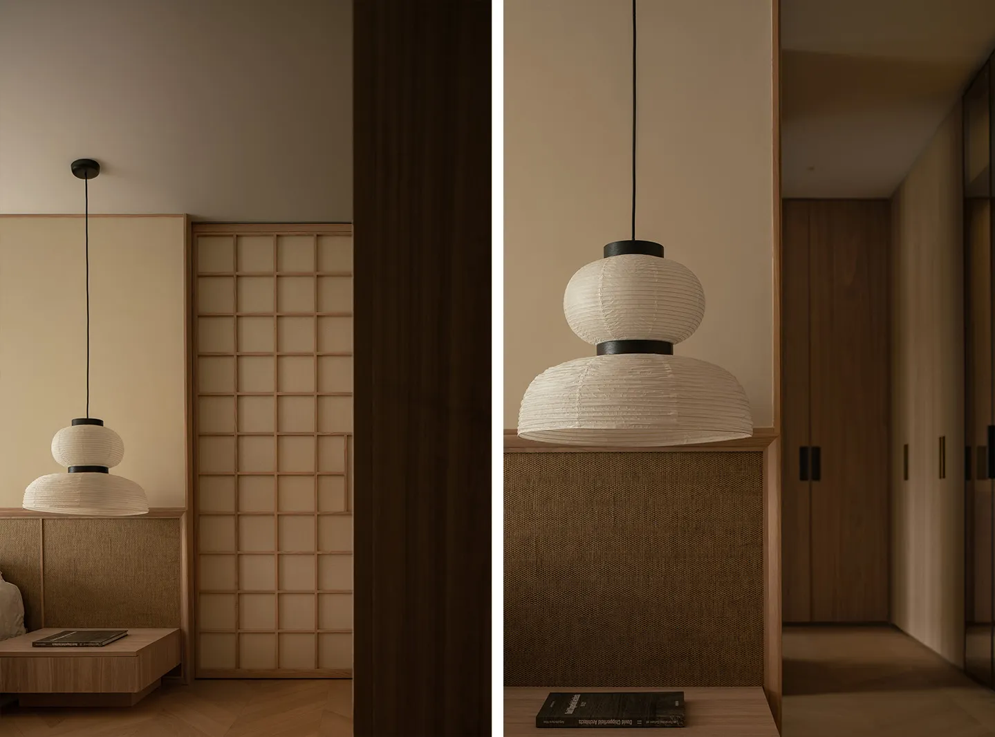 Modern Japanese-style bedroom with hanging paper lantern lights.