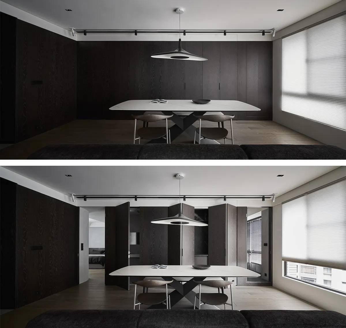 A modern dining room with black and white decor, featuring a wooden dining table and minimalist design.