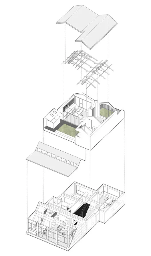 現代室內空間剖面圖，採用玻璃牆面、黑白配色與現代設計美學