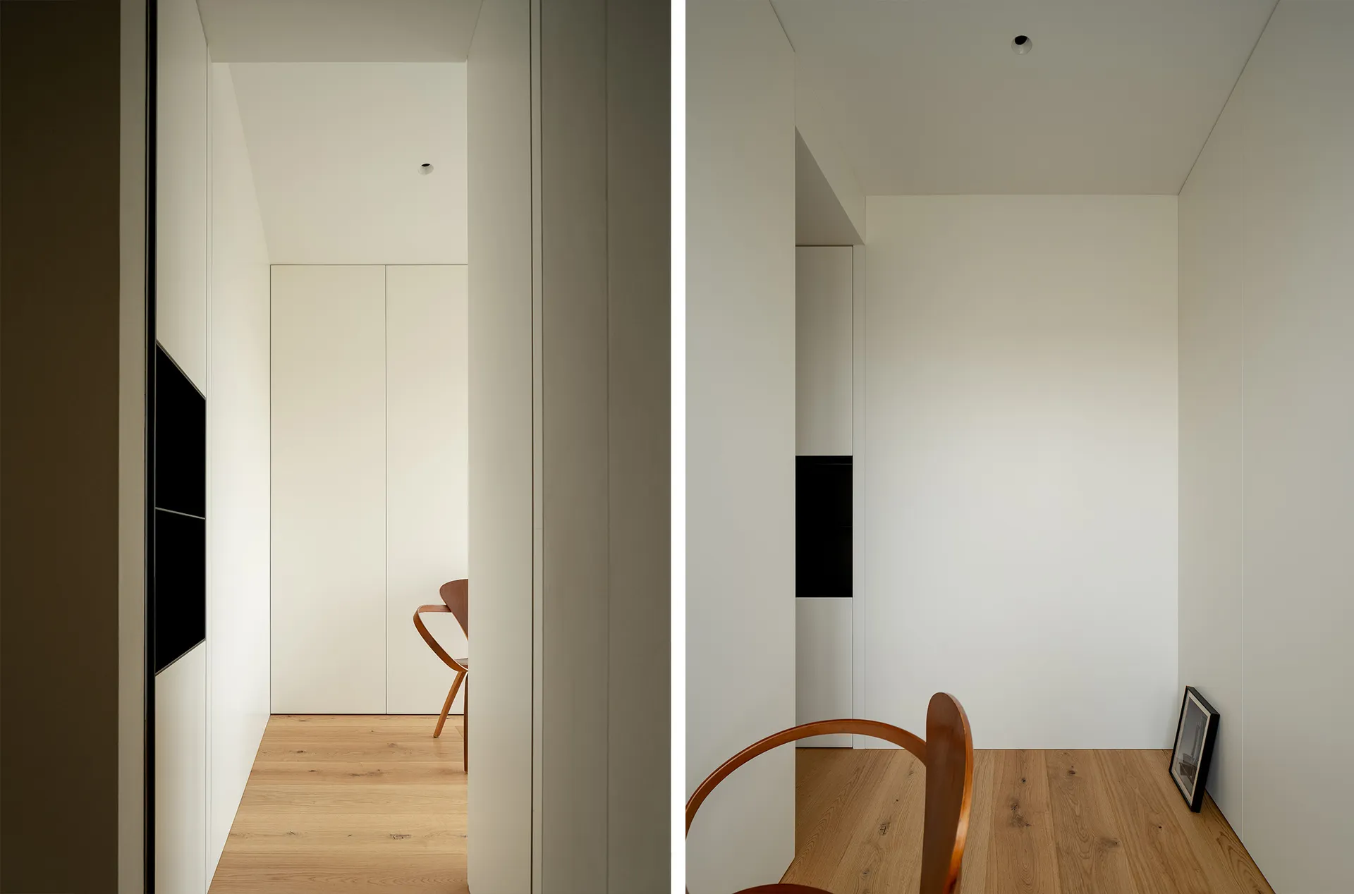 Modern minimalist white interior space with wood flooring and furniture.