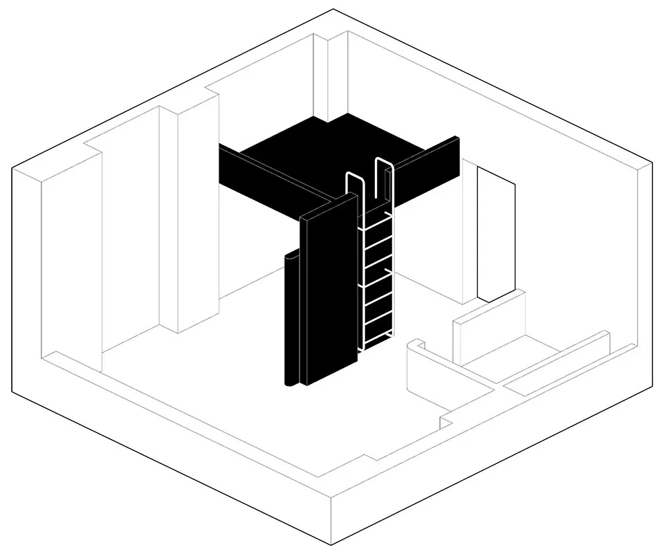 Technical drawing of an industrial space planning concept with metallic structures and open layout.