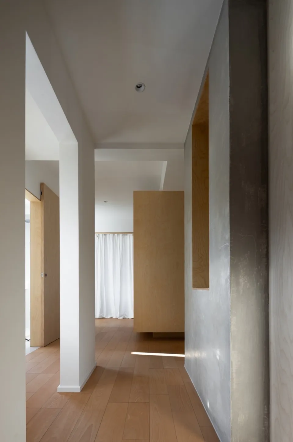 Modern minimalist hallway with wooden flooring and plaster walls