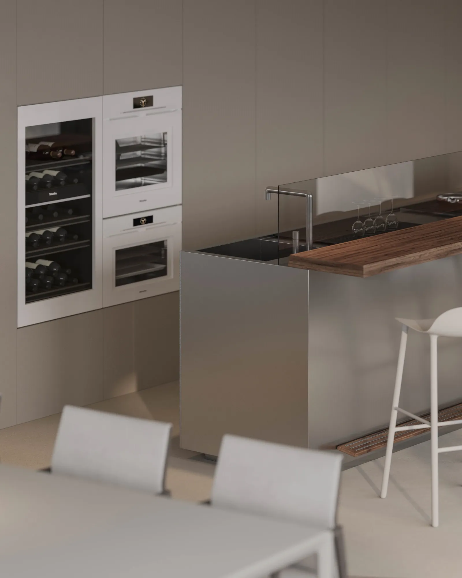 Modern kitchen with stainless steel appliances and wine cooler.