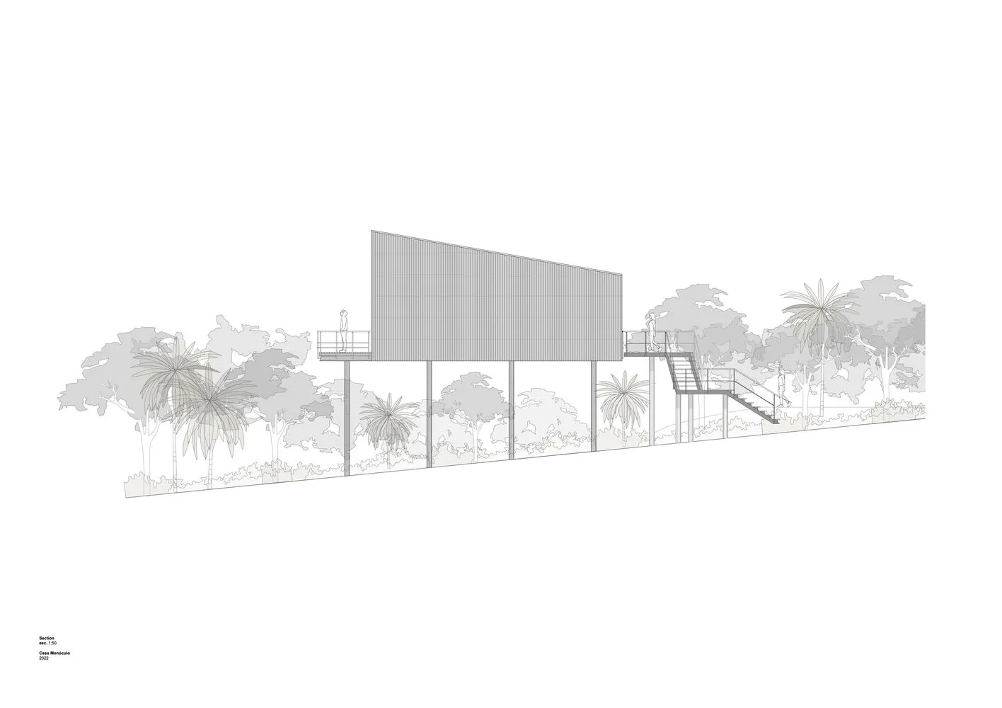 Minimalist building with metallic cladding and elevated walkway