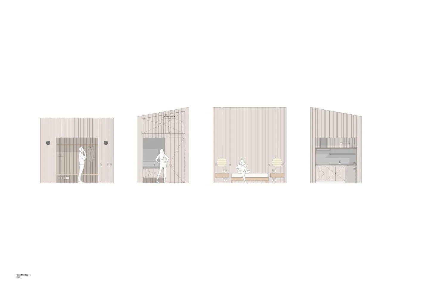 Cross-sectional views of a modern living space with wooden walls and a triangular ceiling.