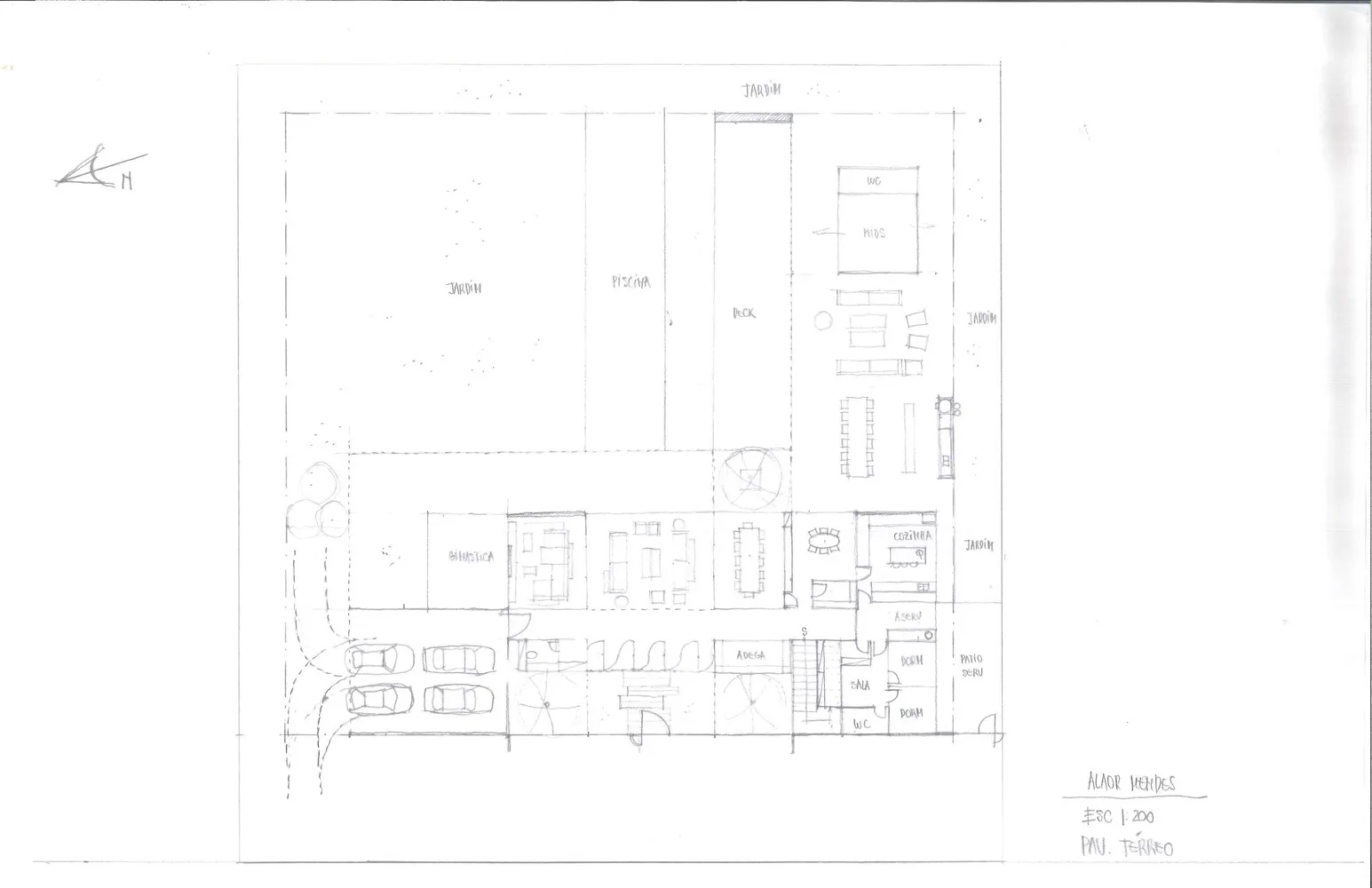 Schematic rendering of a residential floor plan featuring garden, swimming pool, and various rooms.