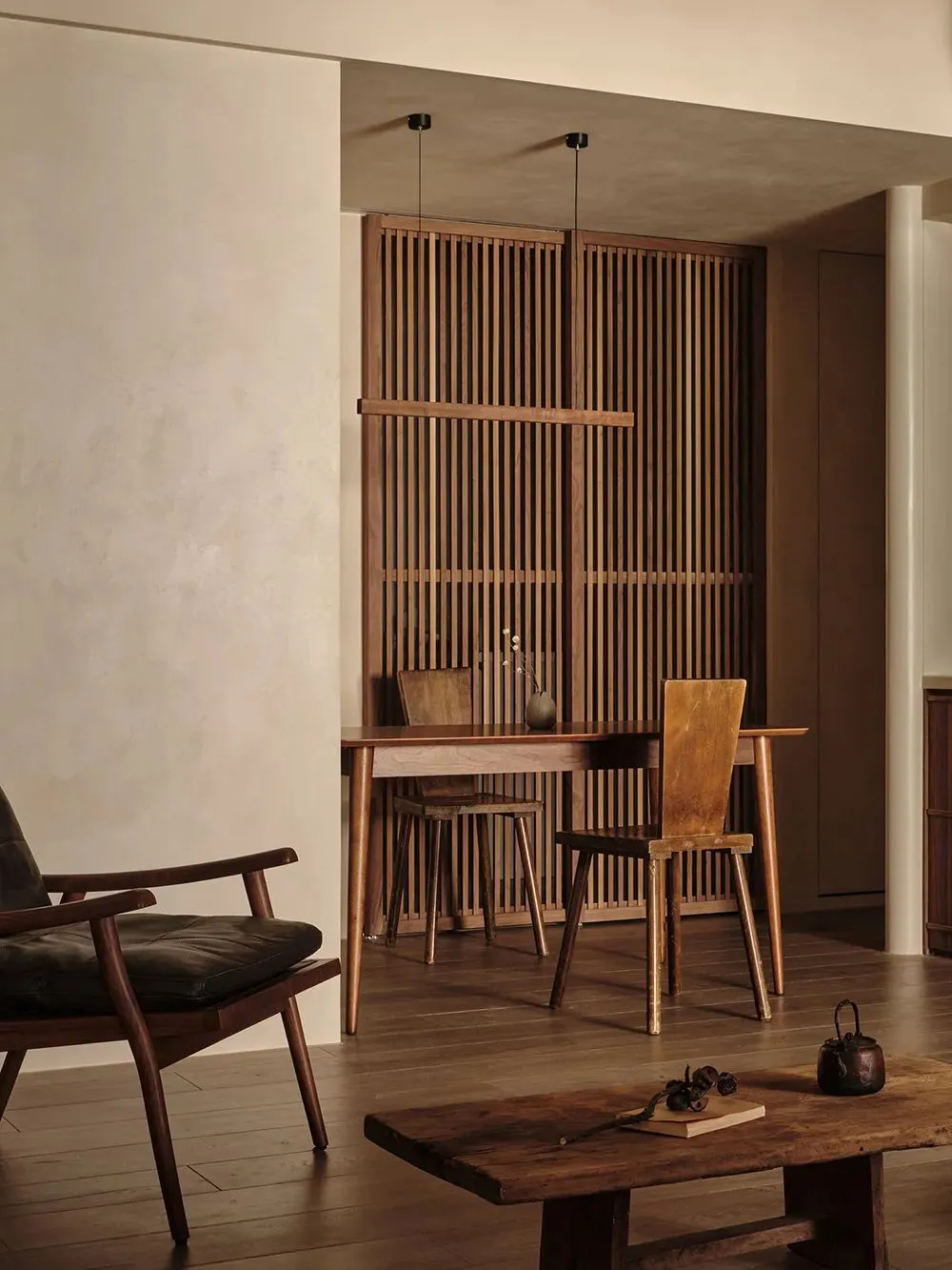 Modern residential interior featuring a wooden structure with a mix of contemporary and rustic elements.