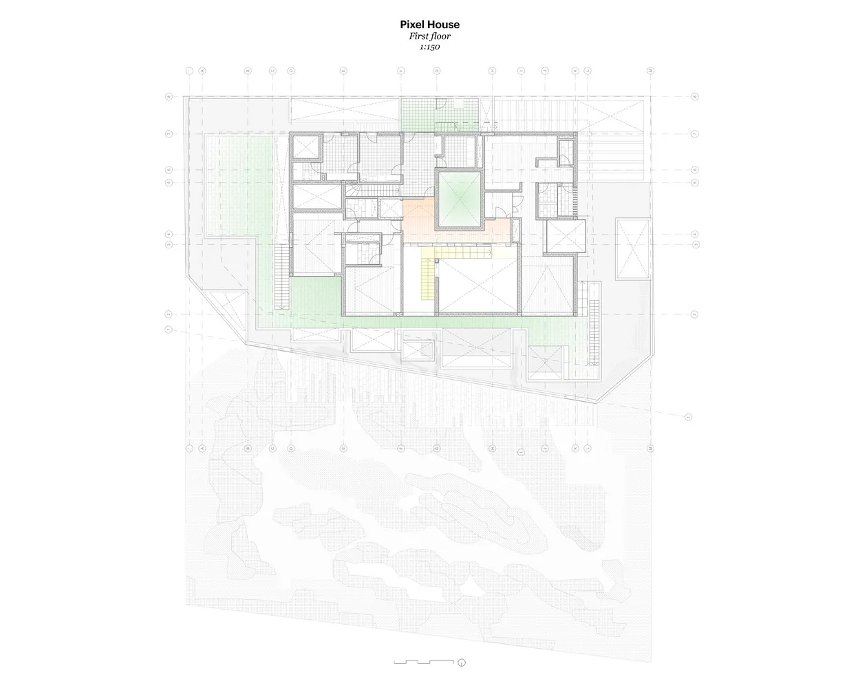 Floor plan of Pixel House, showing the first level layout with different rooms and spaces.