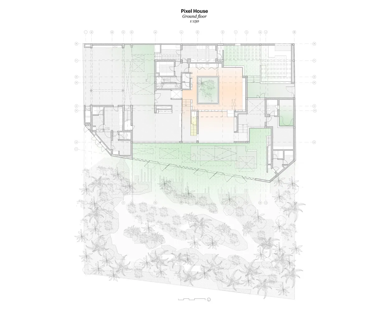 A 2D architectural drawing of Pixel House's ground floor plan, showing a layout of rooms and spaces.