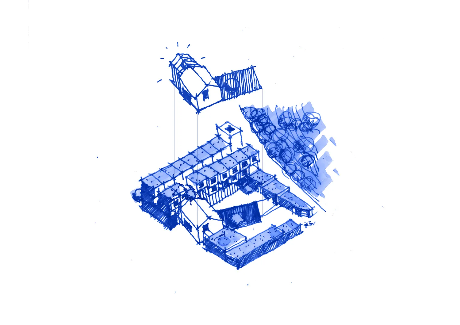 A detailed blue sketch of a house layout, featuring various rooms and architectural elements.