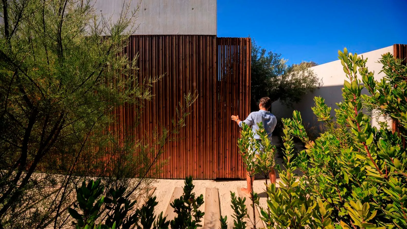 A man standing at the entrance of a modern garden with a wooden fence and green foliage.
