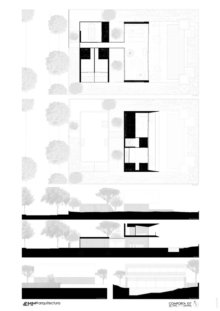 現代住宅的2D建築圖，包含渲染的外觀與室內視圖。