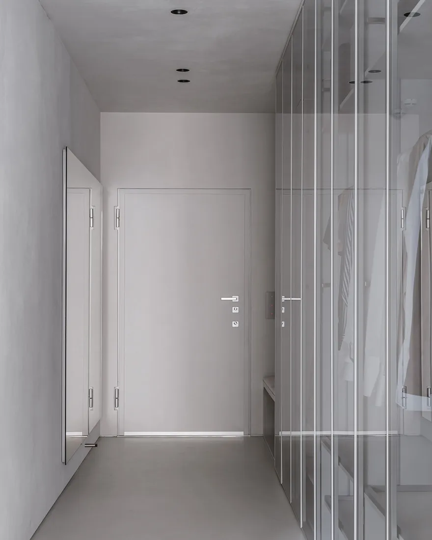 A minimalist interior design featuring a concrete entryway with glass closet doors.