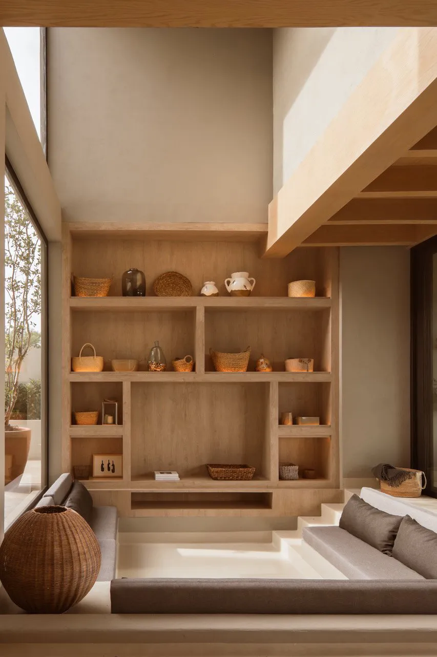 A modern interior design featuring wooden shelves with various decorative items, including woven baskets and ceramic vases, i