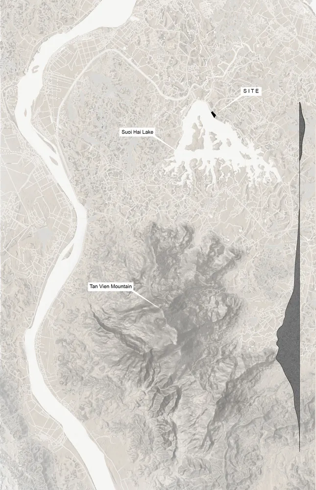 Map of a cityscape with labeled locations such as Suoi Hai Lake and Tan Vien Mountain.