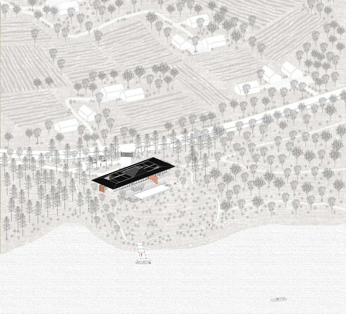 Architectural floor plan of a vacation house featuring wooden beams and a floor plan layout.