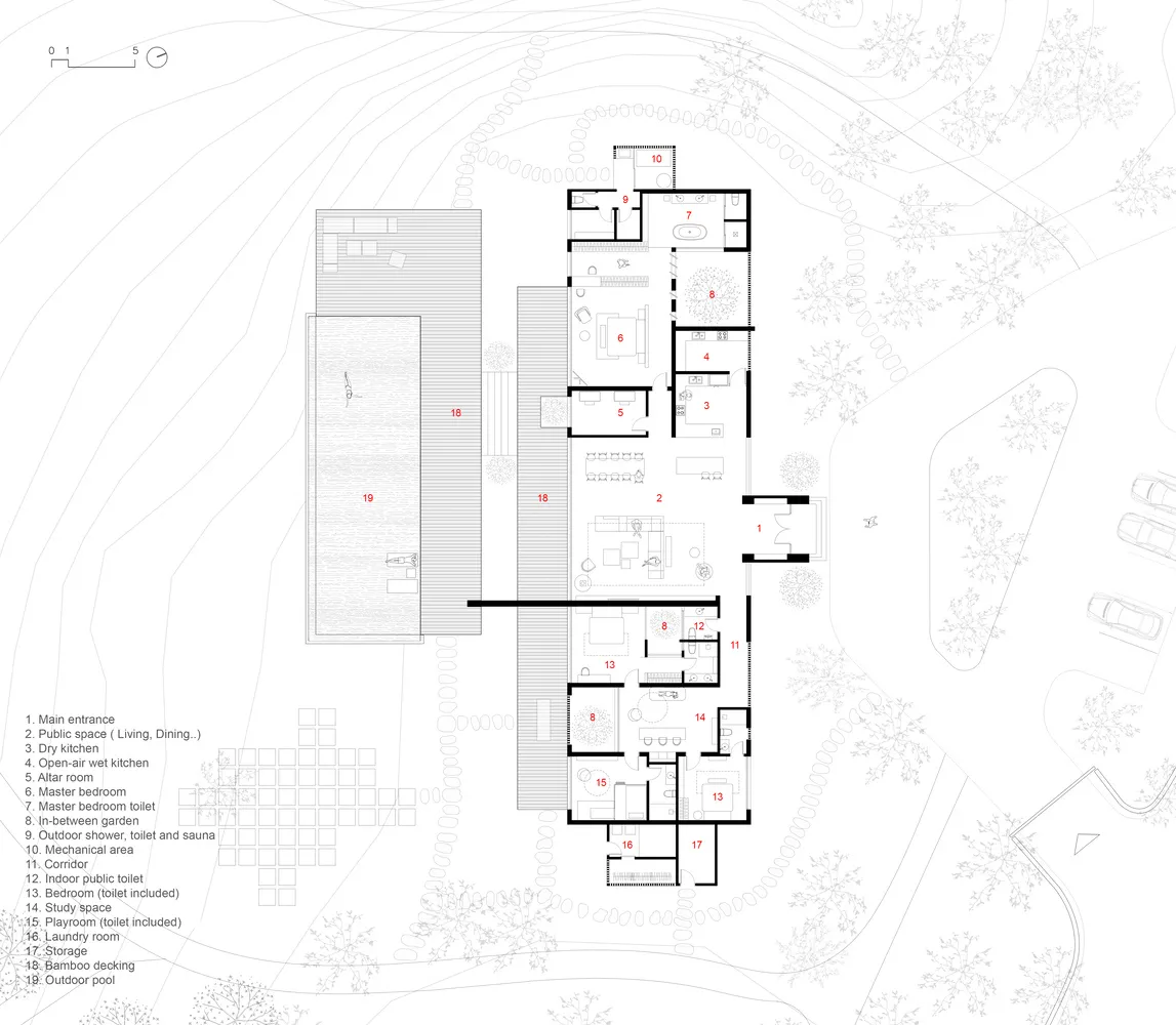 Floor plan of a modern residential design featuring wooden elements.