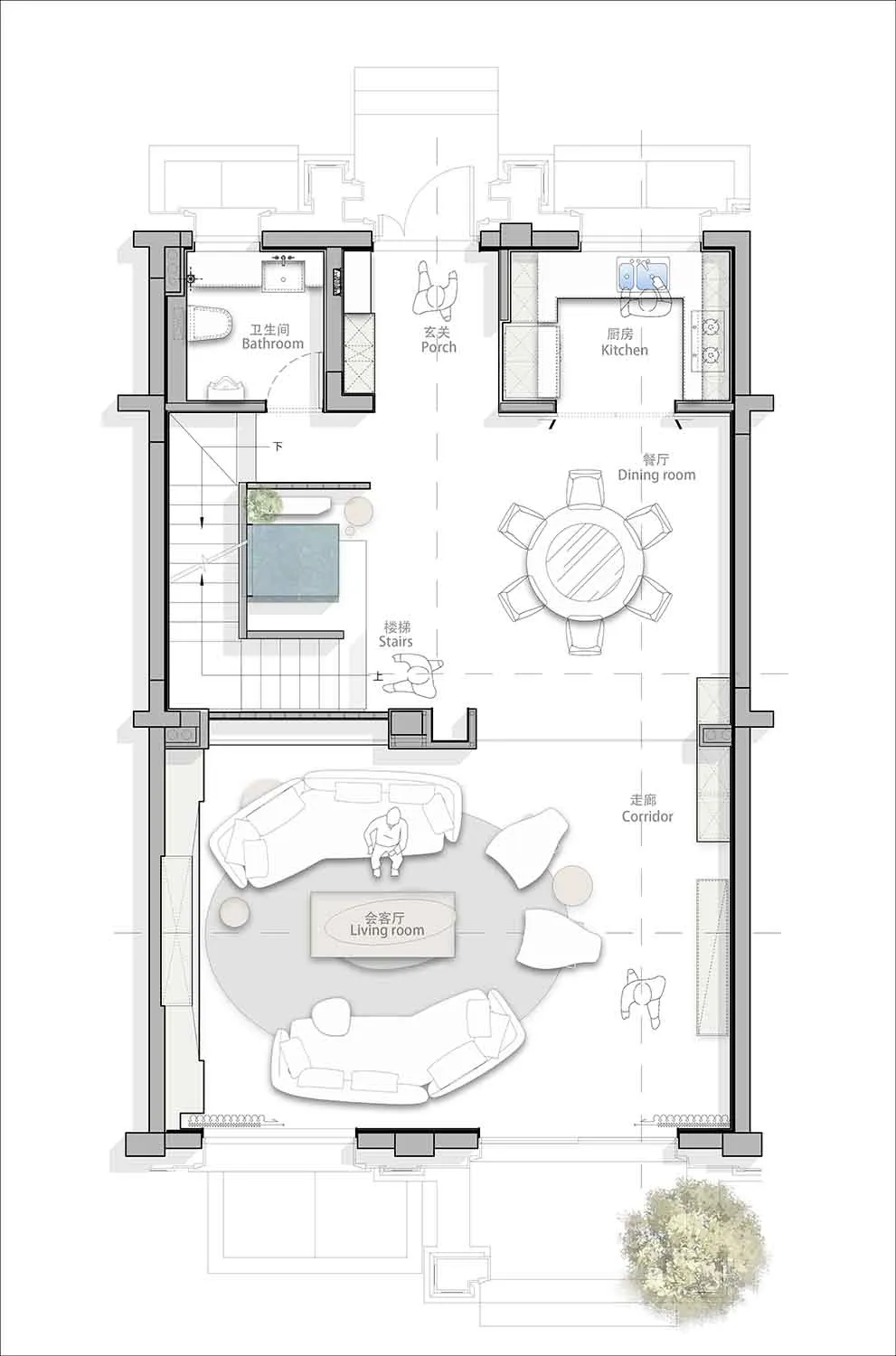 Floor plan of a modern living room with minimalist furniture and open layout.